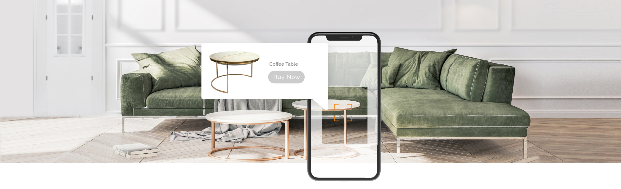 Image of a green modern sectional sofa and coffee table overlaid with a mobile phone screen displaying an ad for the coffee table